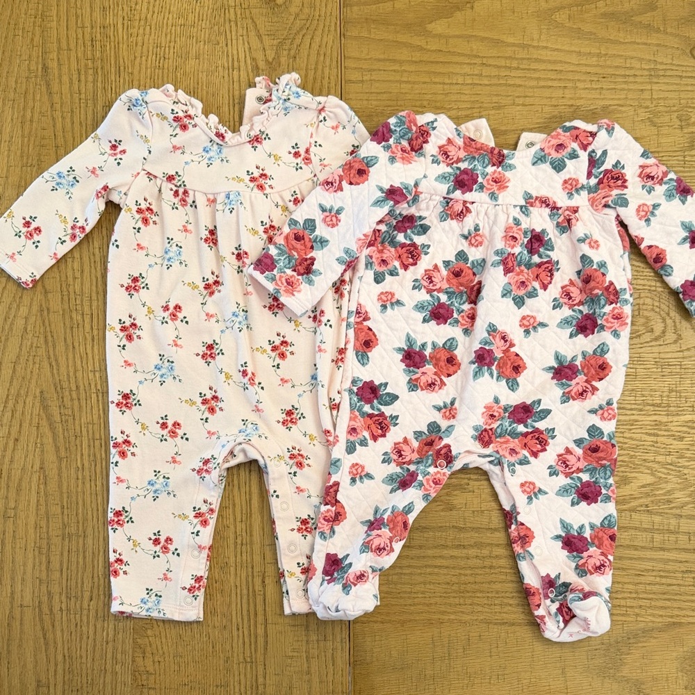 Janie and Jack Pink Floral Footed Rompers Set